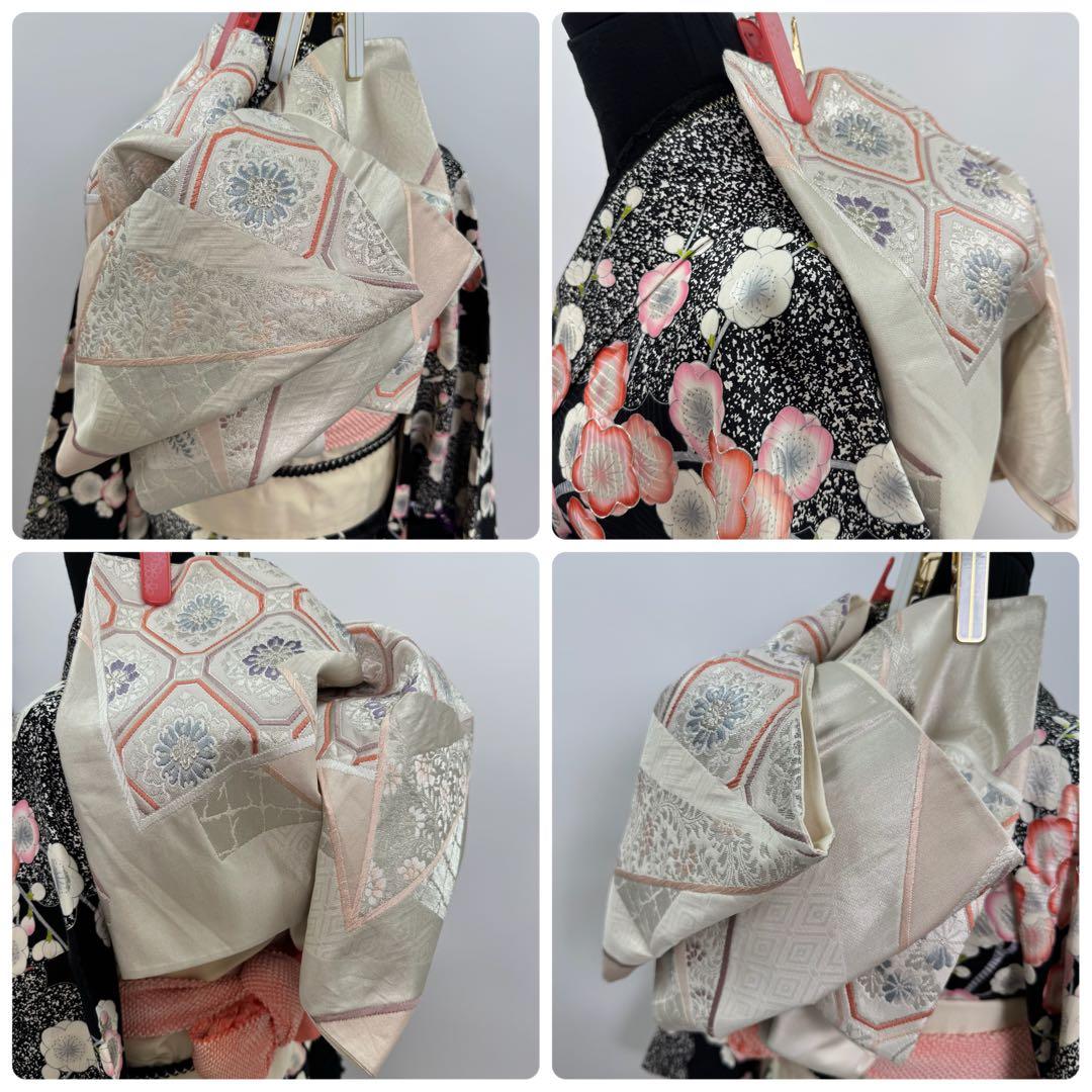 豪華振袖9点フルセット 地紋　銀駒刺繍　黒地　梅紋様　成人式　お正月　結婚式