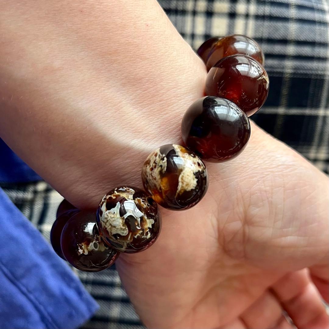 高品質 琥珀 17mmブルー レッド アンバー ブレスレット 守護石 化石