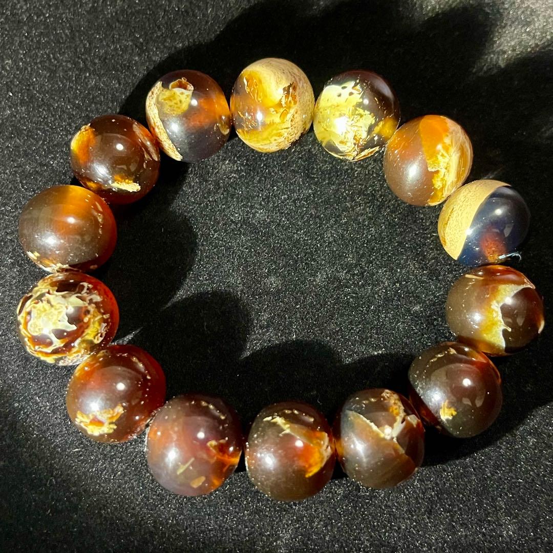 高品質 琥珀 17mmブルー レッド アンバー ブレスレット 守護石 化石