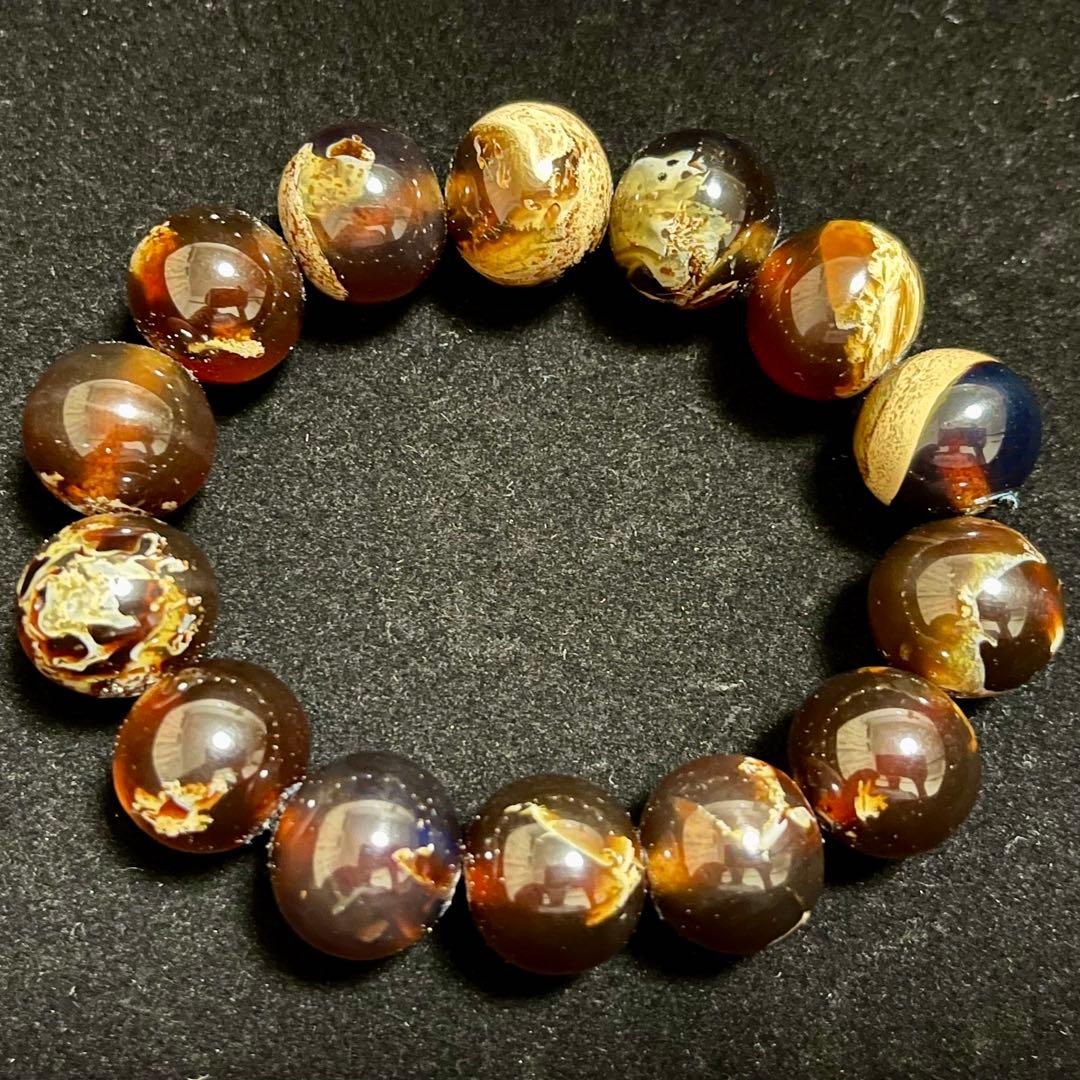 高品質 琥珀 17mmブルー レッド アンバー ブレスレット 守護石 化石