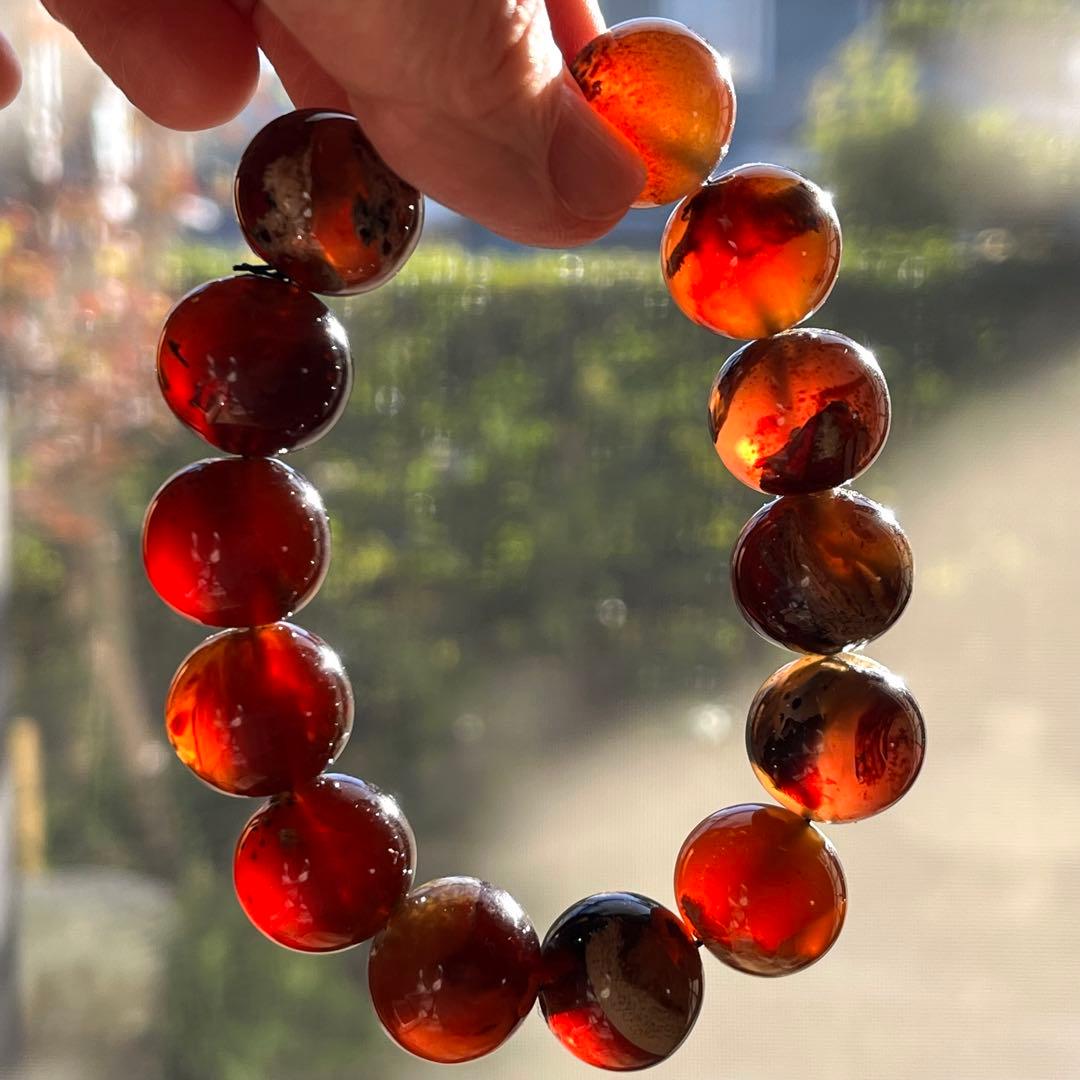 高品質 琥珀 17mmブルー レッド アンバー ブレスレット 守護石 化石
