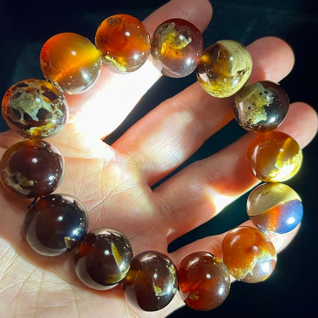 高品質 琥珀 17mmブルー レッド アンバー ブレスレット 守護石 化石