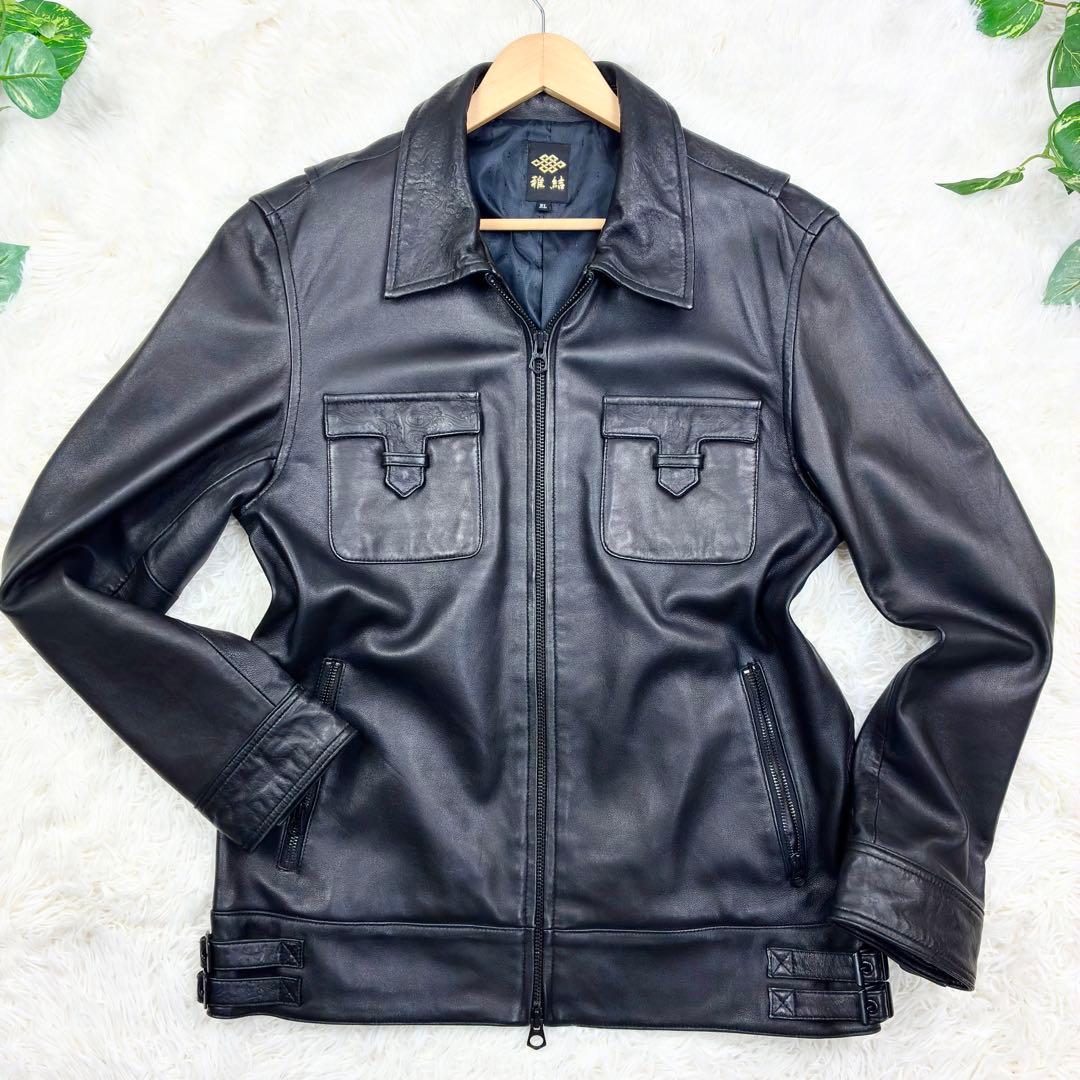 美品　雅結　和柄型押し　ラムレザー　シングルライダース　レザージャケット　XL