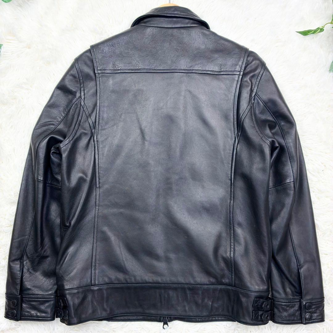 美品　雅結　和柄型押し　ラムレザー　シングルライダース　レザージャケット　XL