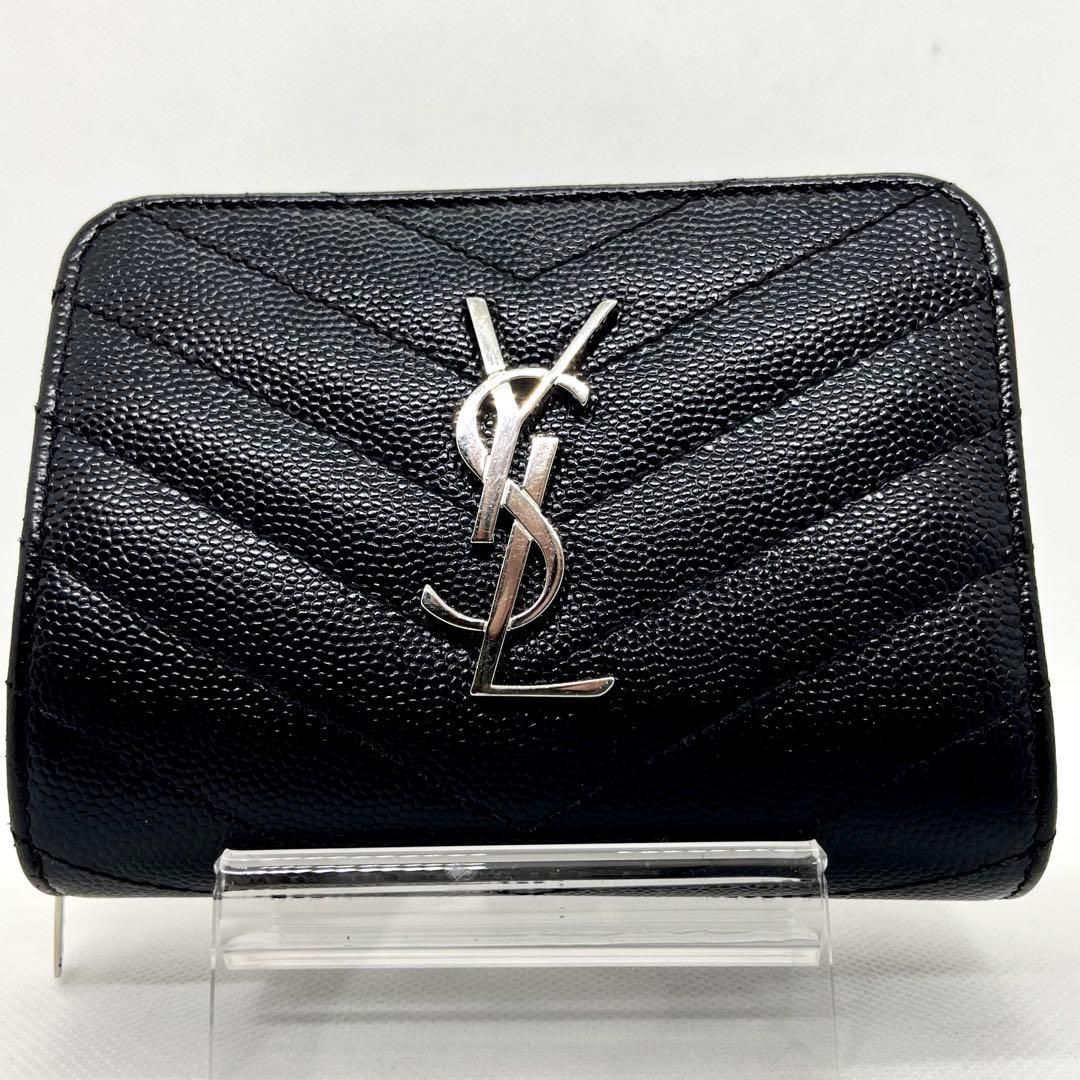 極美品✨イヴサンローラン 二つ折り財布 カサンドラ キャビアスキン Vステッチ