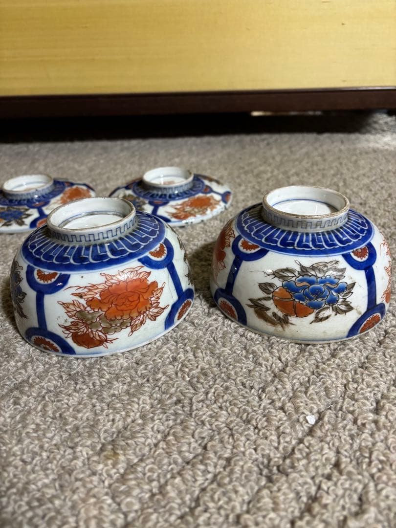 古伊万里色絵金彩蓋茶碗 江戸〜明治期 蓋付き御茶碗 麒麟 銘あり 染付 骨董品