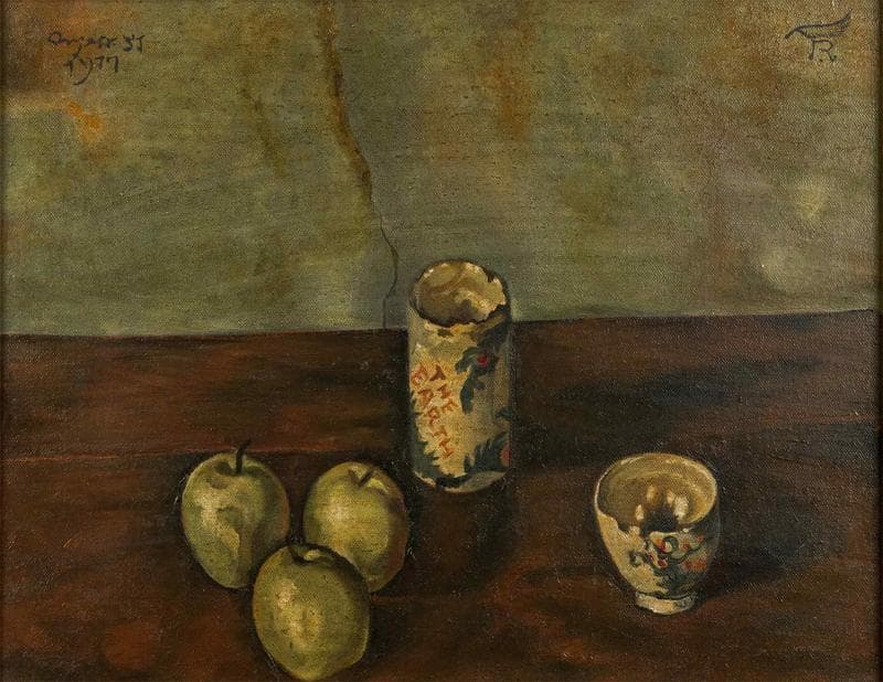 岸田劉生　油彩　肉筆『湯呑と茶碗と林檎』表サイン　鑑定書　F6号　額装　b805