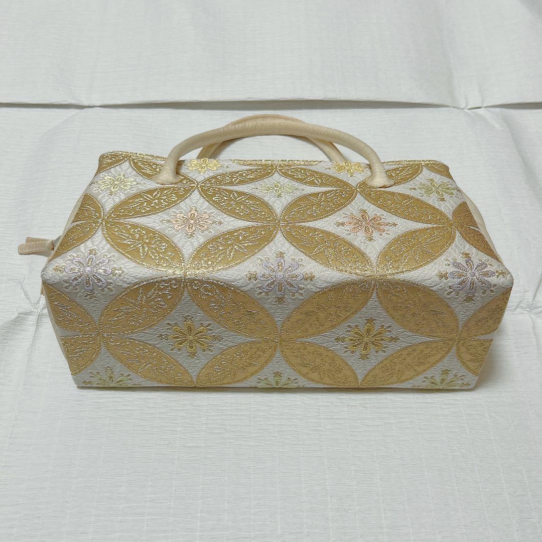 利休バッグ　七宝　正絹　金糸　アイボリー　クリーム系　美品