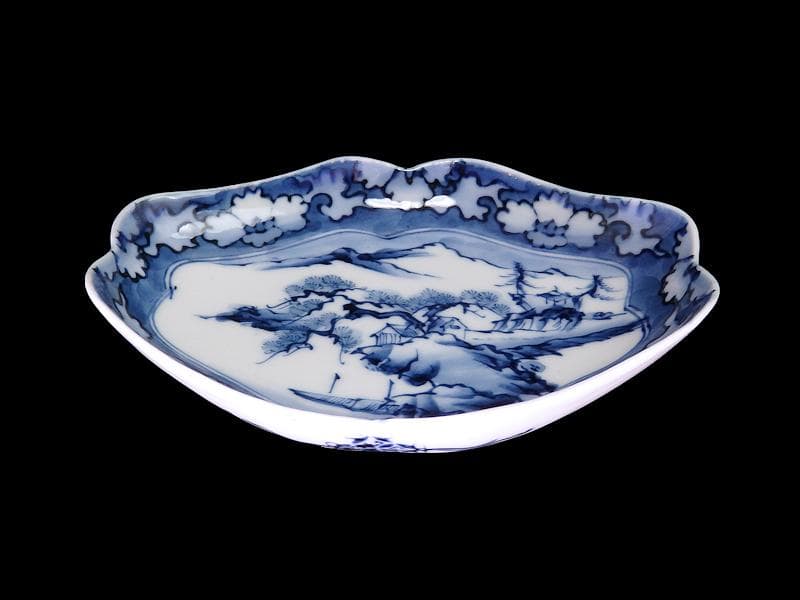 平戸　伊万里　染付　山水紋の図　菱形変形皿　５客　D272AS-fbqc