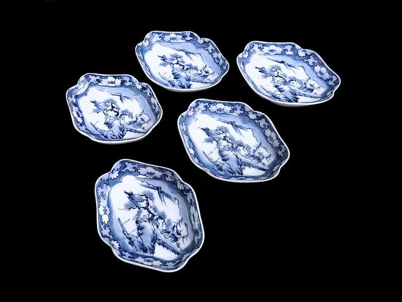 平戸　伊万里　染付　山水紋の図　菱形変形皿　５客　D272AS-fbqc