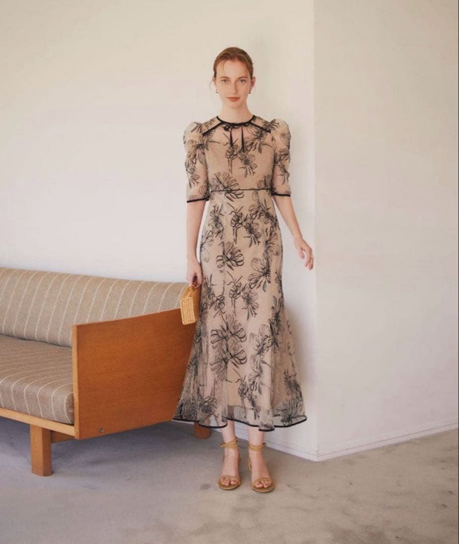 【Leja】花柄リボンパフスリーブマーメイドワンピースドレス Mサイズ