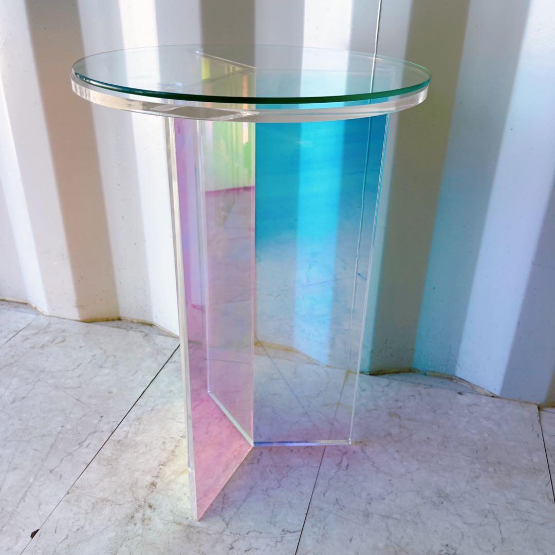 取付無料！オーロラ ホログラム 韓国風アクリル円形ミニサイドテーブル✨