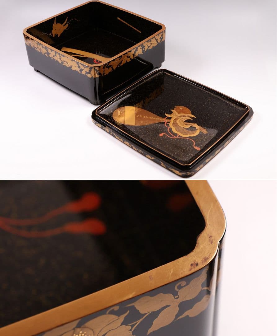 【MA698】加賀蒔絵 饅羹重 楼閣山水楽器唐草 金蒔絵 木製 饅頭箱 菓子器