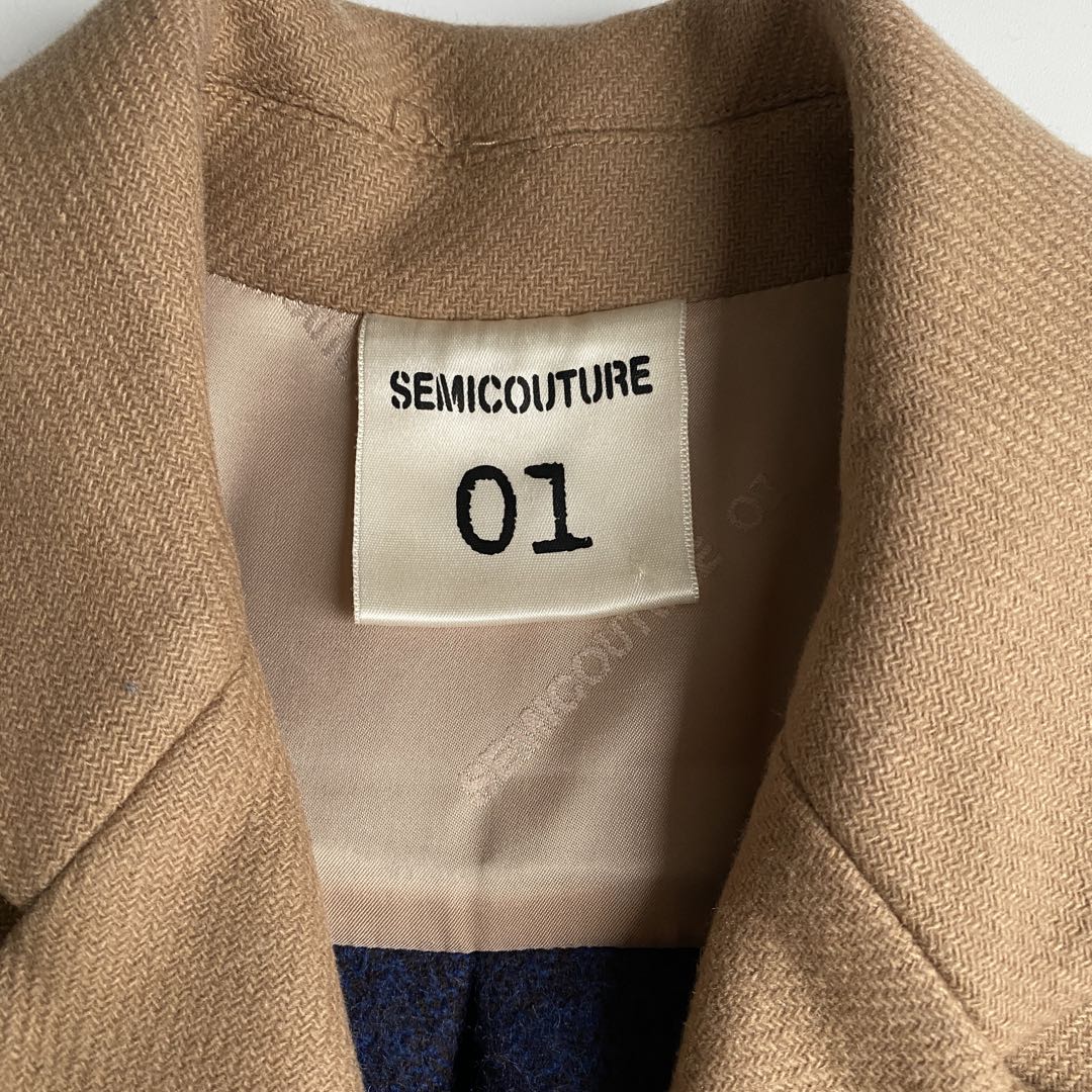 セミクチュール ダブルブレストチェスターコート チェック 青 ブルー ドッキング