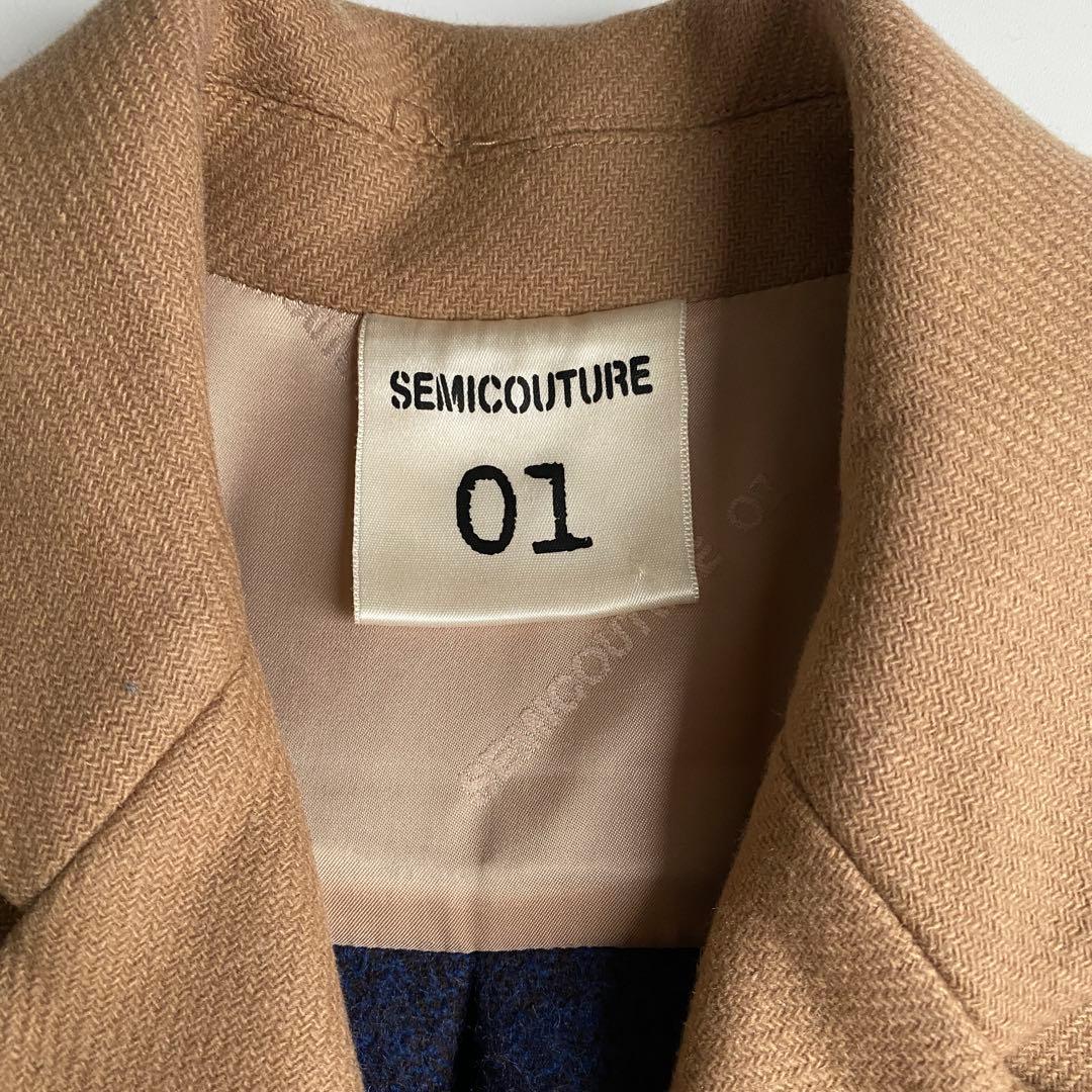 セミクチュール ダブルブレストチェスターコート チェック 青 ブルー ドッキング