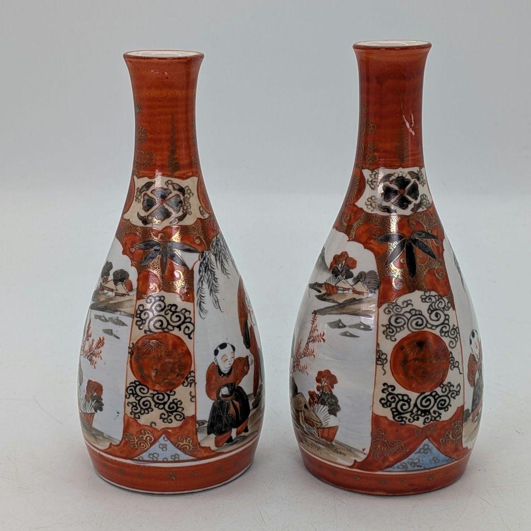 明治～昭和初期 九谷焼 赤絵徳利一対 時代箱 とっくり 酒器 食器 一輪挿し花入