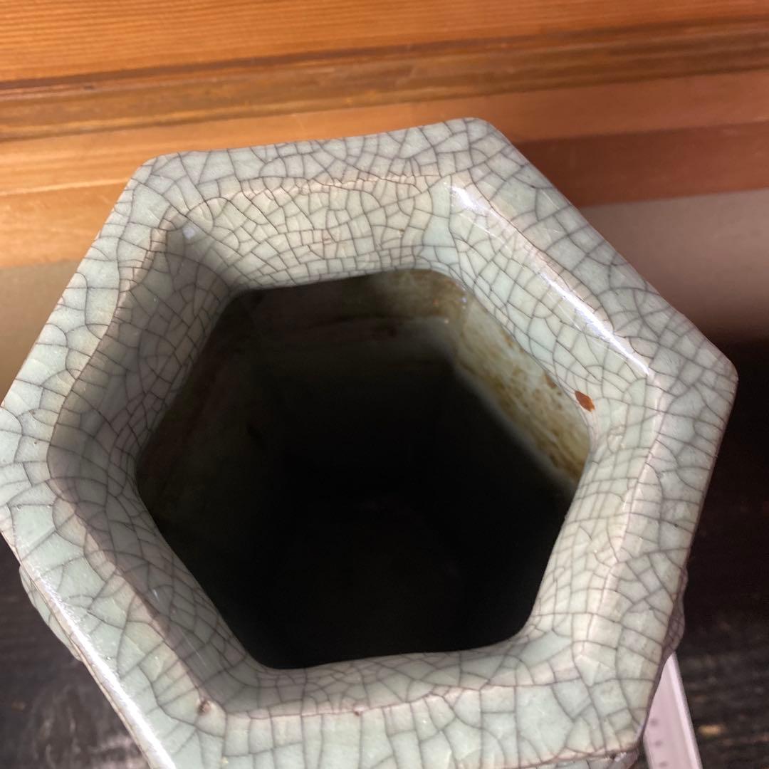 中国古玩　青磁山葡萄文面取花生　31cm13cm