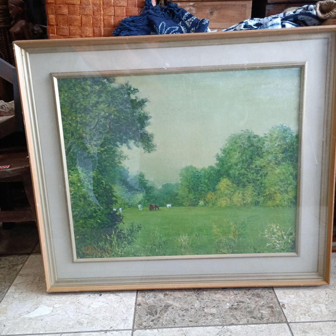 4262）松本竹敏　油絵F１５号「馬牛のいる風景　１９７５年」独立美術協会所属