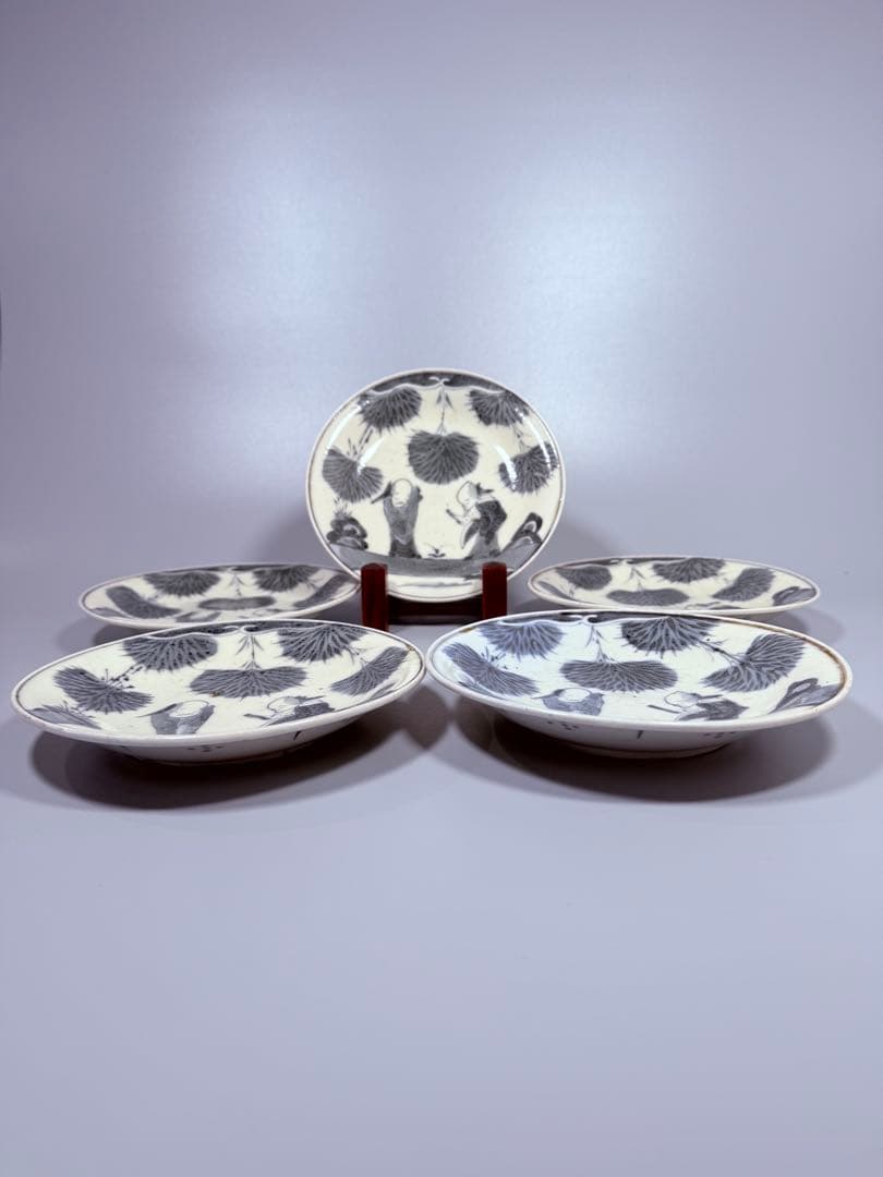 幕末明治期　染付竹林賢人図皿　五枚　肥前有田　直径17.2㎝　古器を楽しむ