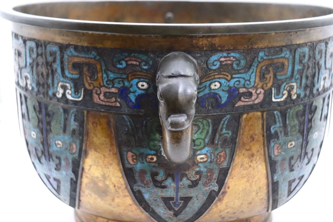 中国　七宝焼　渡金象耳葵龍紋簋　在銘　送料込み251217