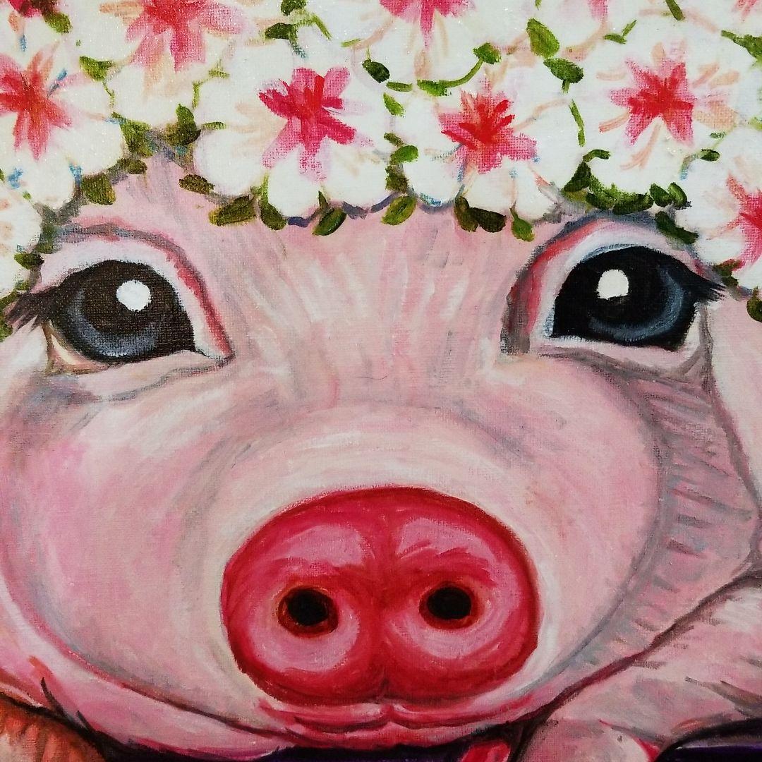 油絵　みーちゃん確認　頭に花をのせた豚