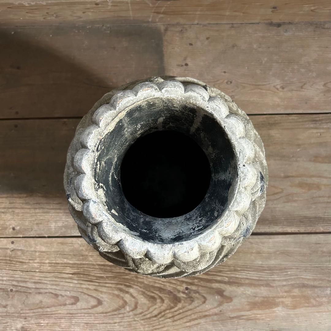 フランスアンティーク 花器 鉢植え 大型ストーンポット 螺旋模様　高さ47.5