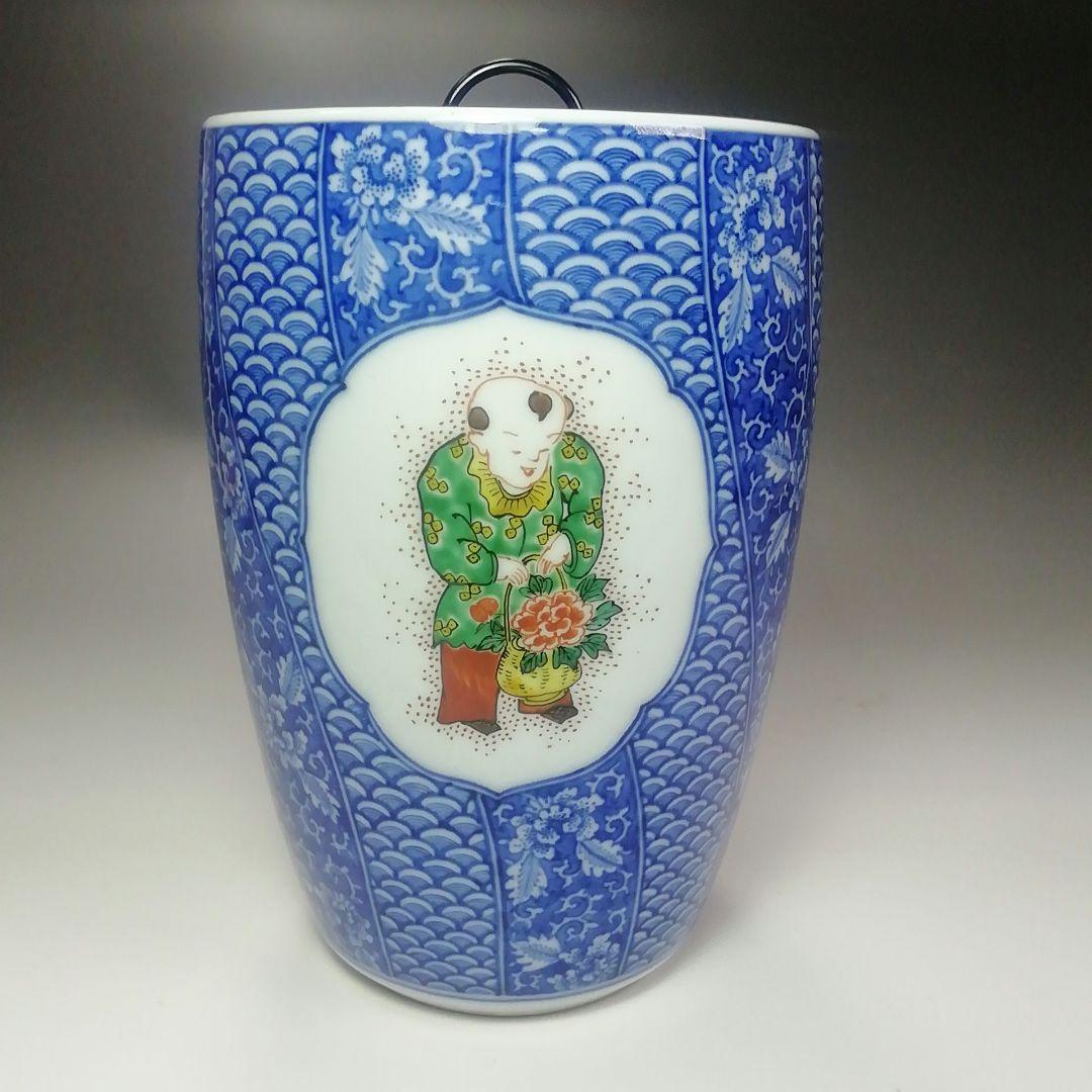 Ｓ３５８　水指　『染赤唐子紋』『渋草焼』『芳國造』　共箱　茶道具