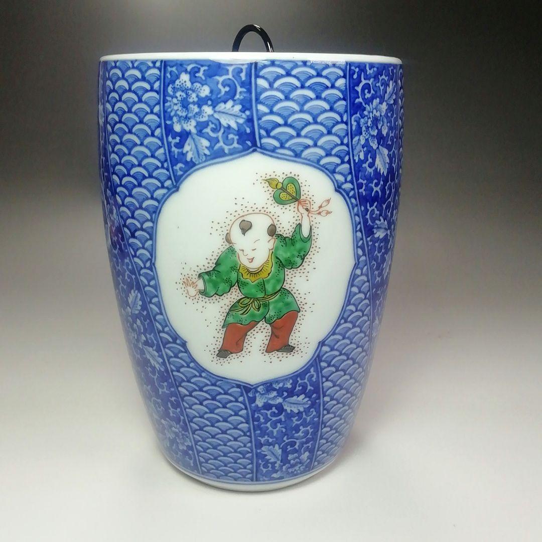 Ｓ３５８　水指　『染赤唐子紋』『渋草焼』『芳國造』　共箱　茶道具