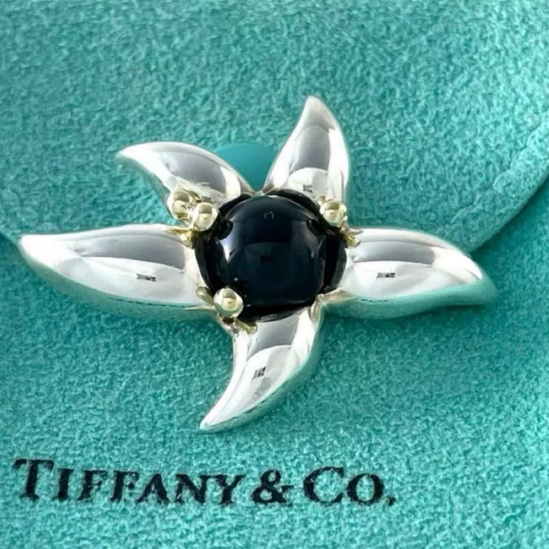 オールドティファニー 希少 オニキス フラワー コンビ ブローチ TZ2fe