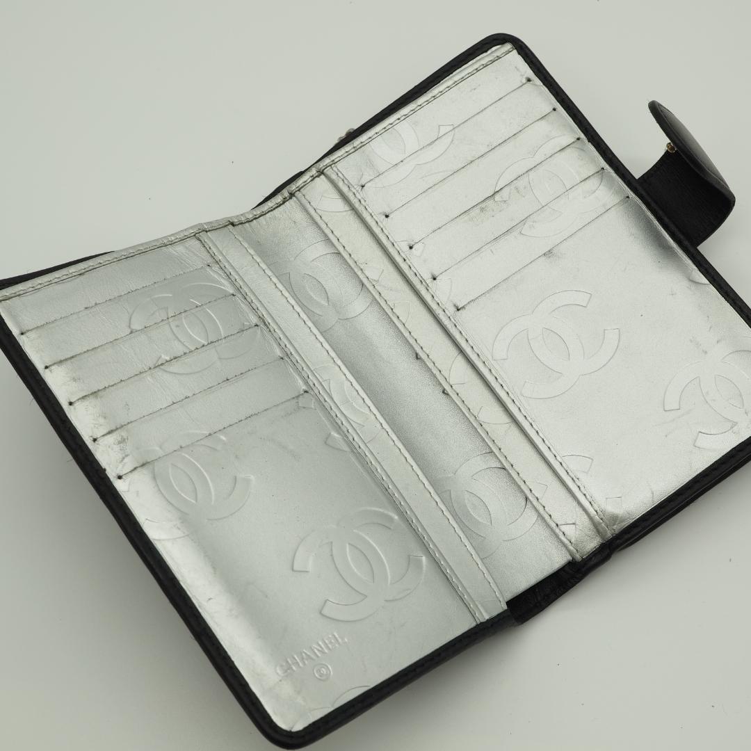CHANEL シャネル カンボンライン ミドル 2つ折り財布 黒×シルバー