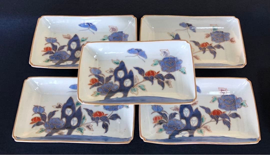 《R》伊万里 金彩色絵 長皿5客 角皿 懐石　251007あ7