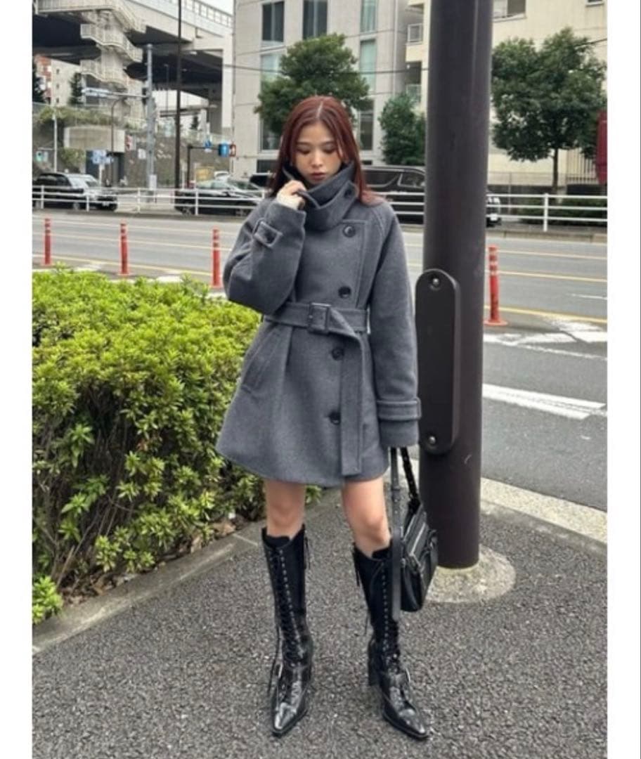 〘SLY〙STAND NECK BELTED S/COAT 【グレー】