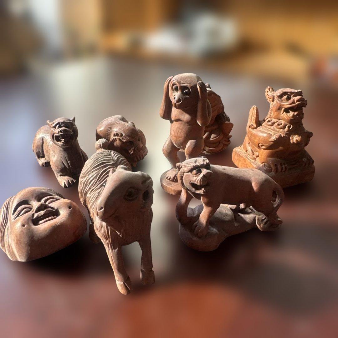 時代提げ物　唐木黄楊木彫刻　犬・猿・虎など　根付　置物
