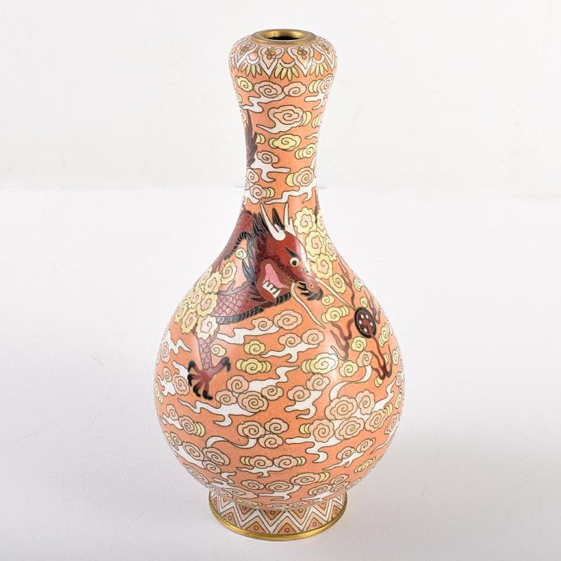 中国　景泰藍　古七宝琺瑯彩　雲竜文　蕾口瓶　共箱　D　R7822