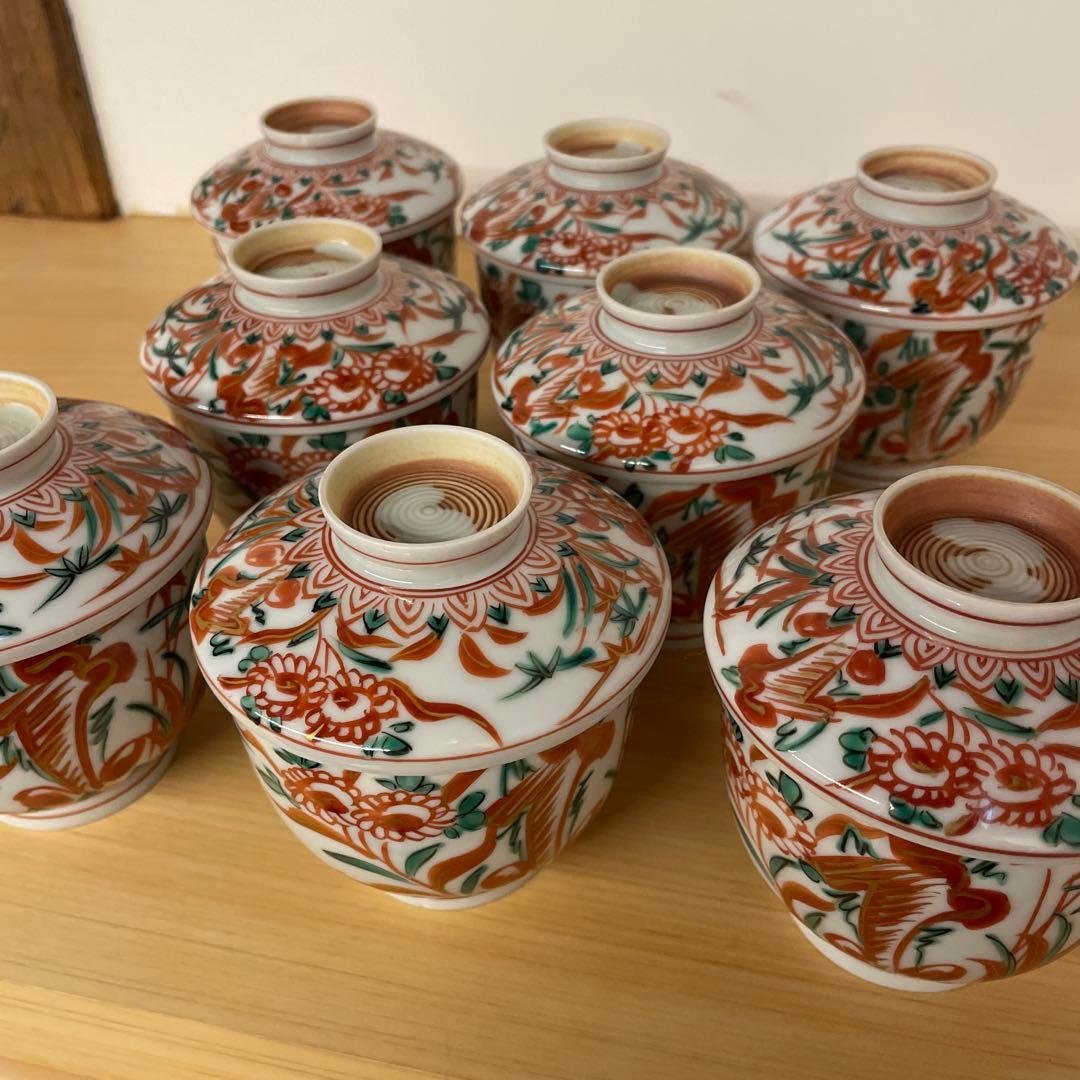 春田一陶 造 赤呉須花草図蒸茶碗8客 共箱