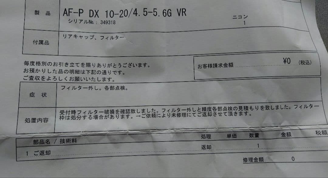 3回使用のみフィルタ破損未修理品ジャンク/NIKON AF−P DX 10−20