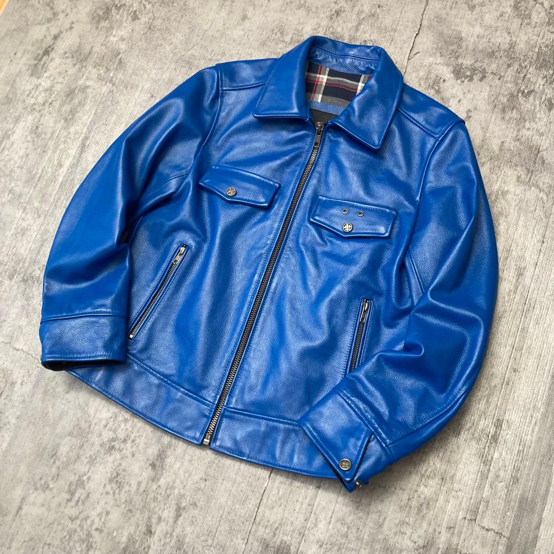 FORTIME レザージャケット　シングルライダース　青　 Lサイズ