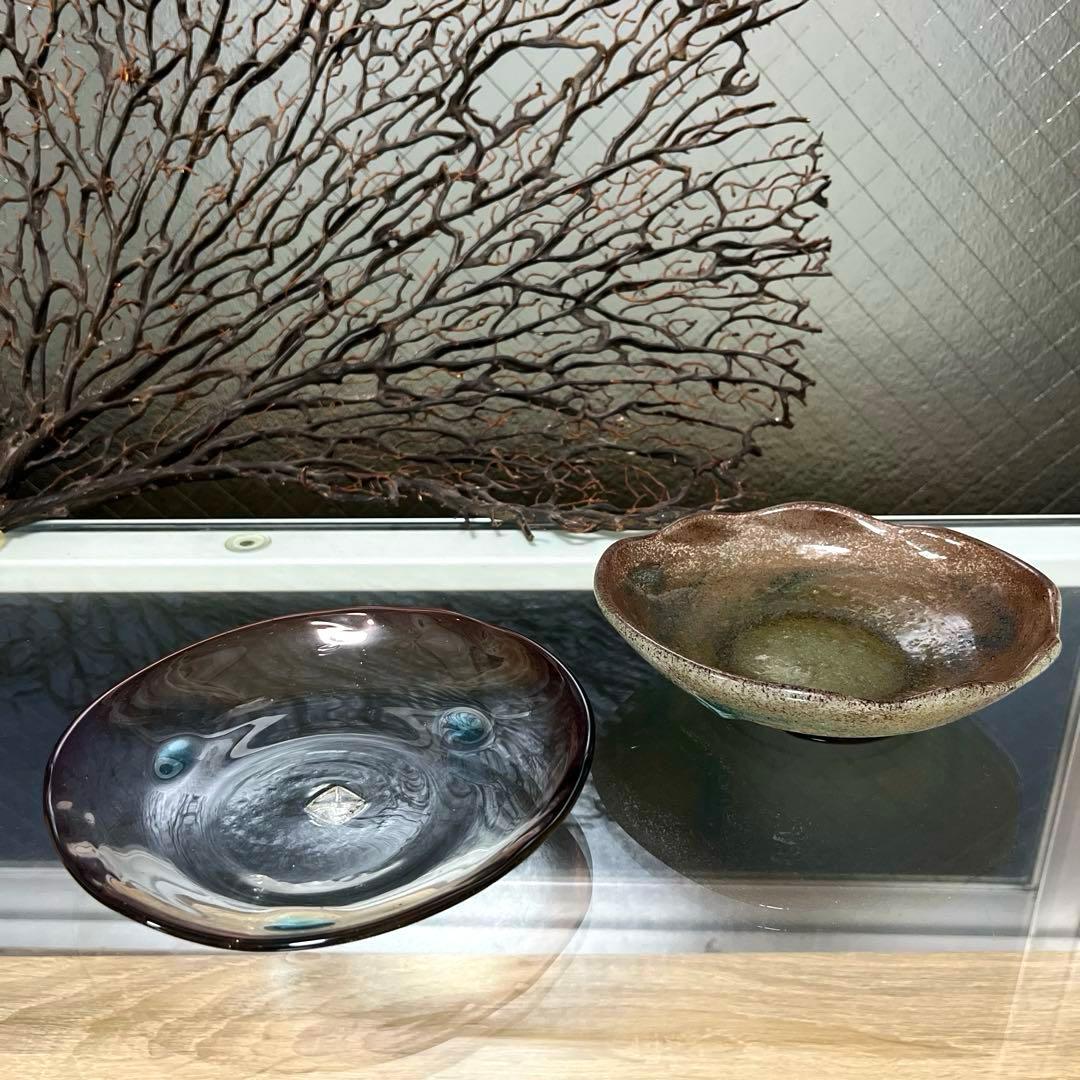 骨董　琉球ガラス　工芸ガラス　現代の名工　稲嶺盛吉　３色泡ガラス　小鉢