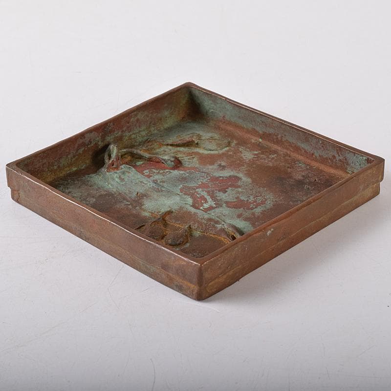 高岡銅器　須賀松園造　蝋型鋳銅　野菜文　四方皿　共布共箱　C　R8444