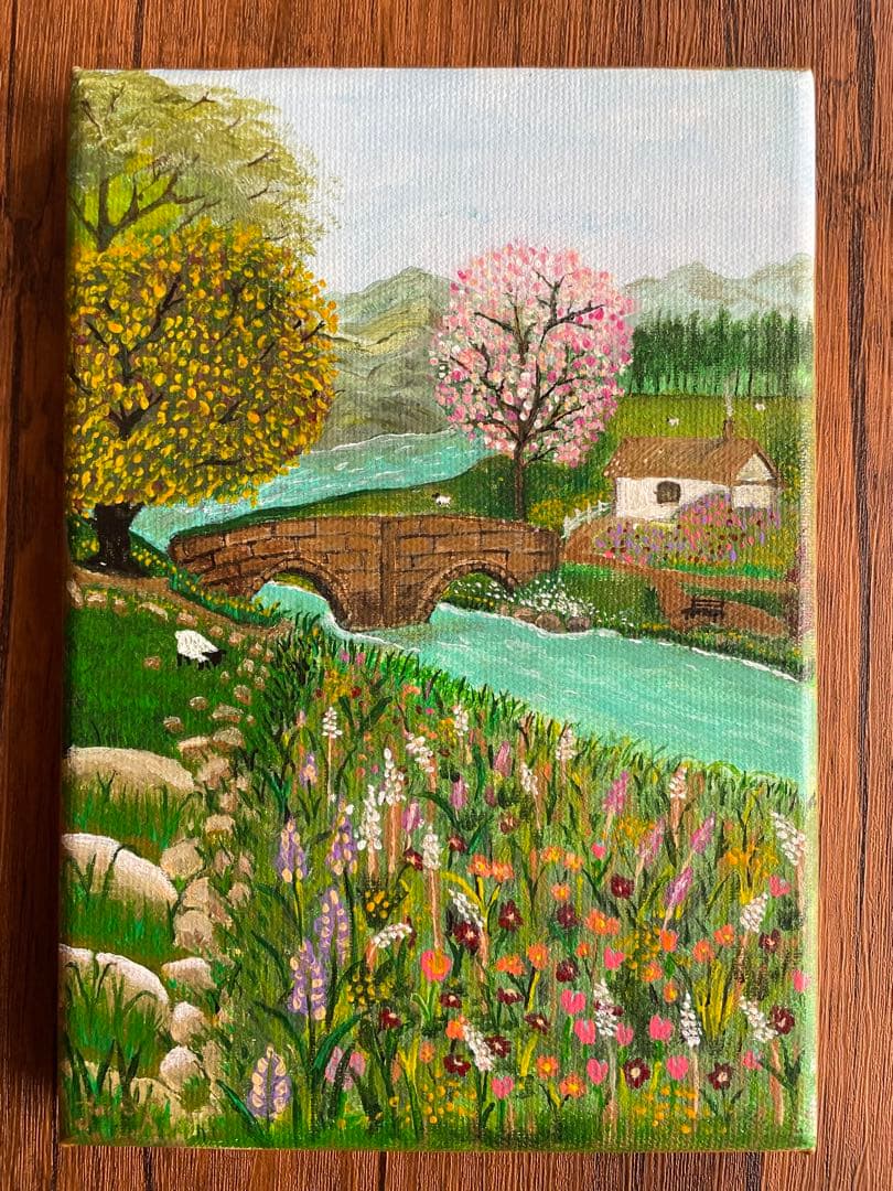 風景画 アクリル絵具 キャンバス  bridge sheep