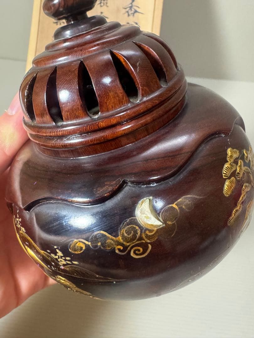 2164 雲龍作　本紫壇 金蒔絵 鳳凰　山水之図　香炉