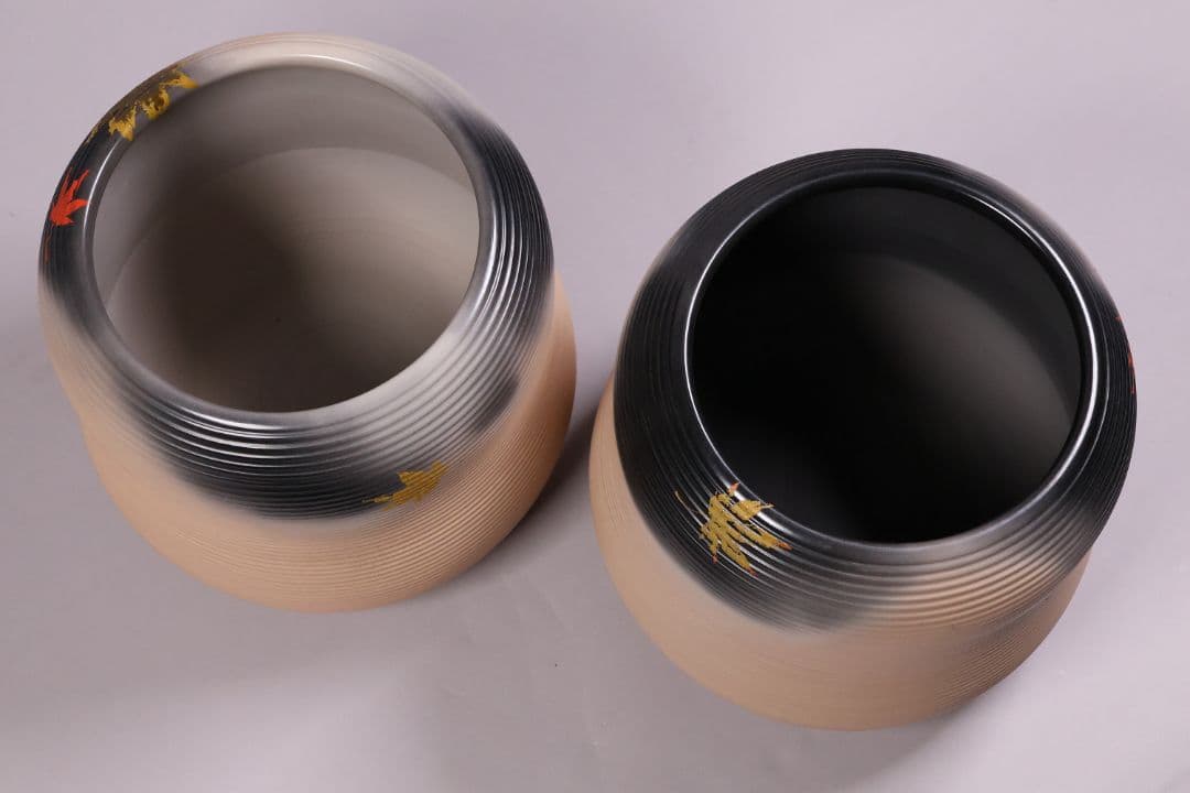 風炉師 加州 山崎宗元 雲華焼 糸目瓢 火鉢一対 紅葉 陶磁器【MA701】