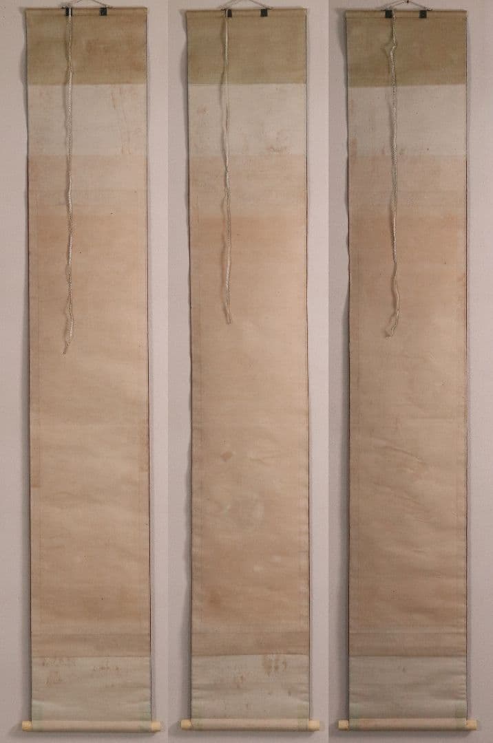 【模写】日本画 狩野素川(章信) 寿老人 山水 三幅対 絹本 掛軸 MA446