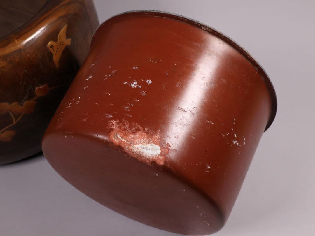 尺参 桐火鉢 金蒔絵 螺鈿細工 幅37.8cm 尺3 蔦 鳥 草【MB32】