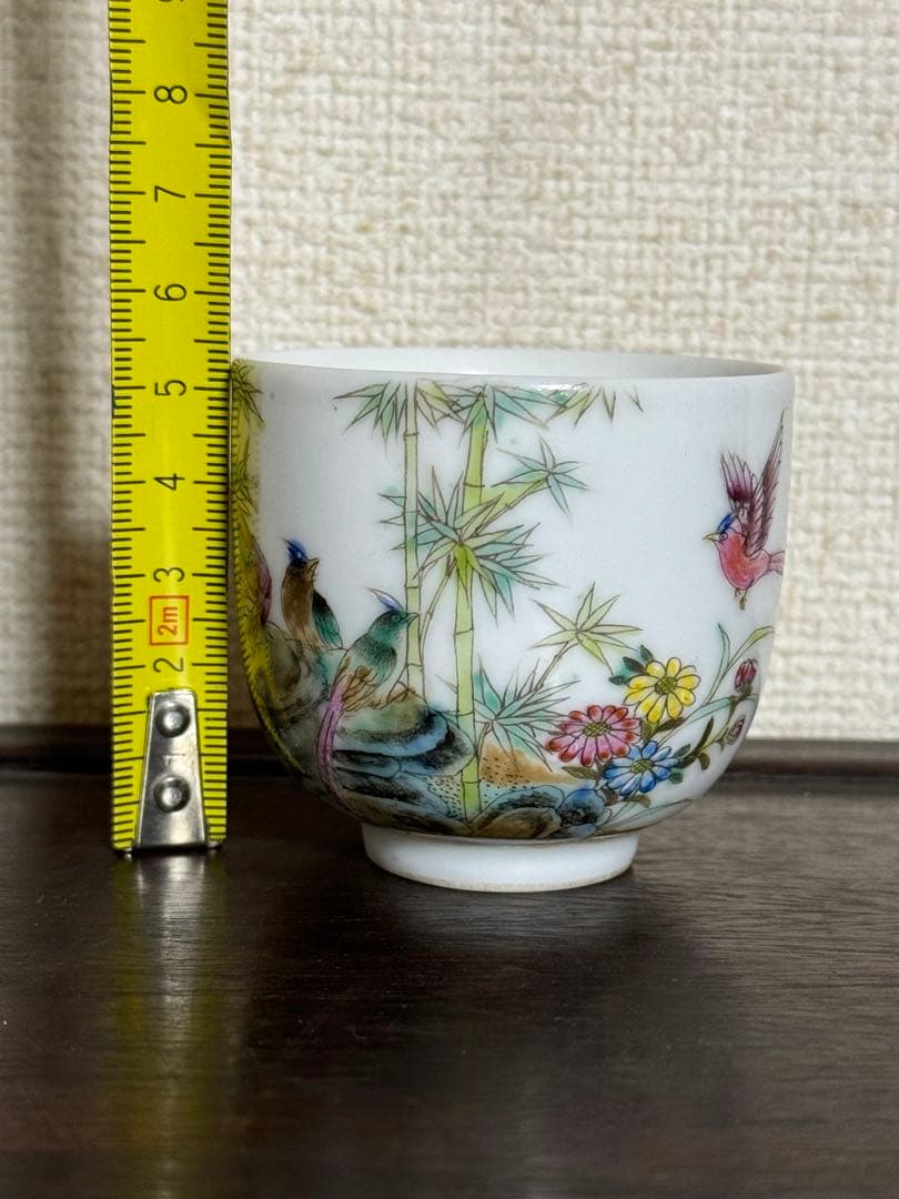 中国骨董　清朝　粉彩花鳥詩文小杯　ぐい呑み(N-23)