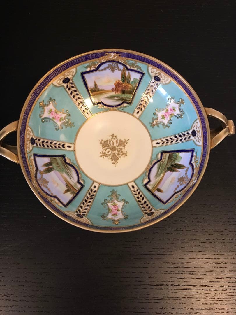 オールドノリタケ　金盛上　河畔風景紋図両耳飾り大鉢