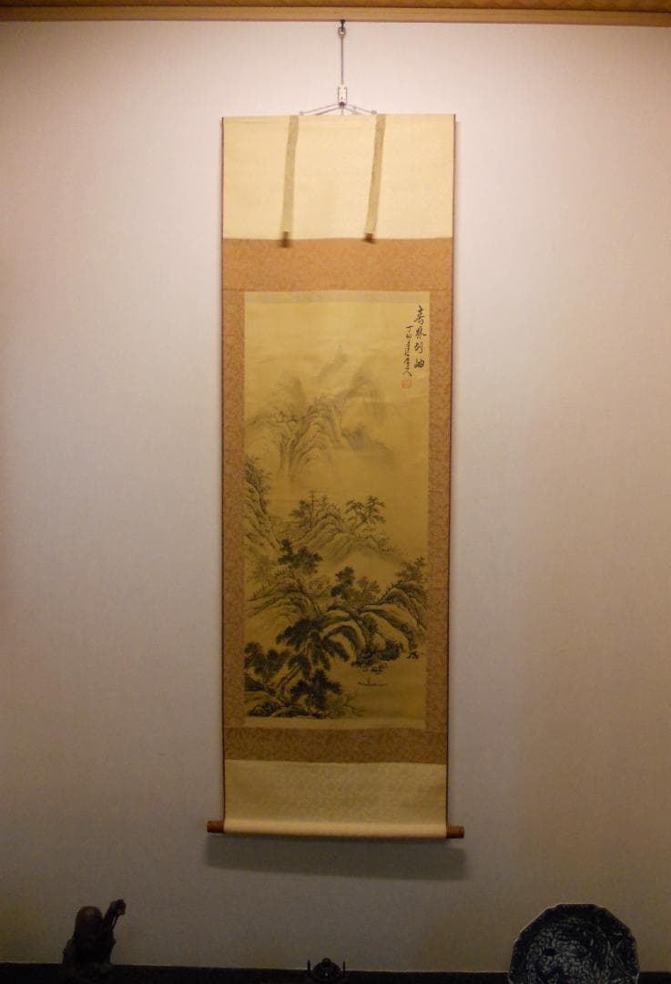 掛け軸 石道人 山水 絹本 希少 軸装 茶道具 掛軸 美品 です。