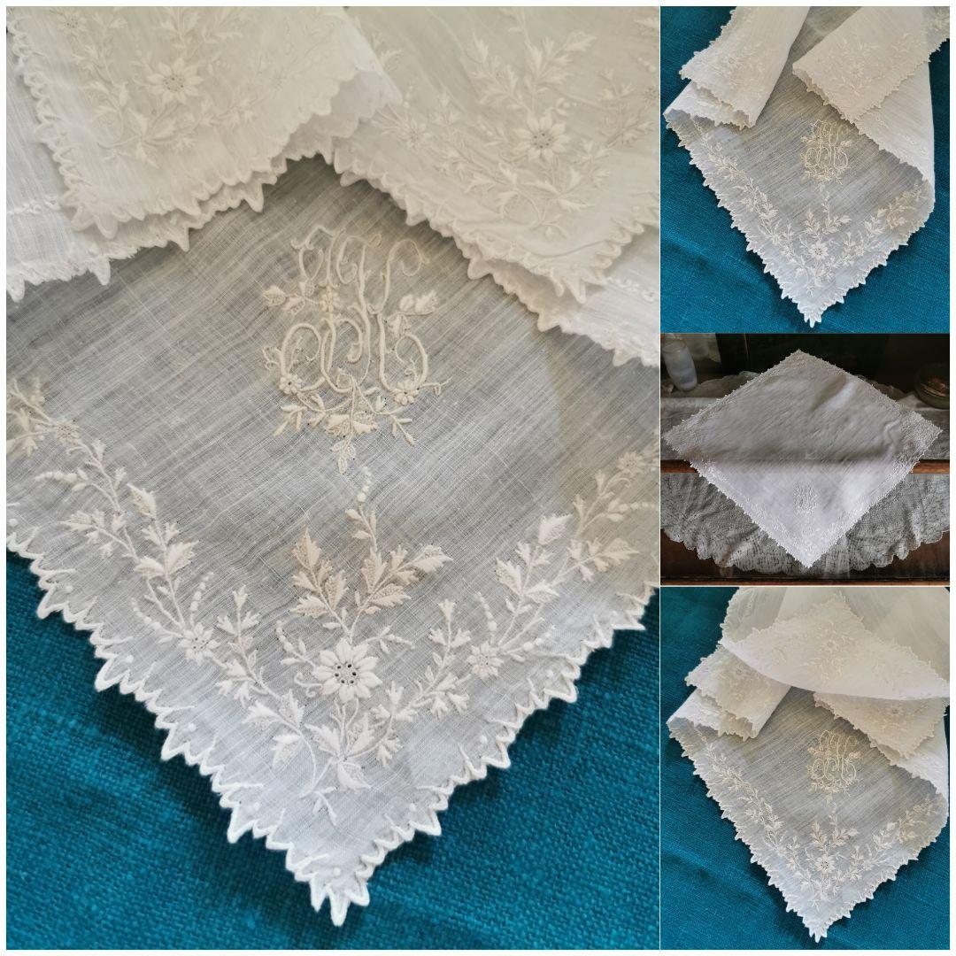 アンティークフランス 精緻なスカラップ 草花刺繍ハンカチーフ 花文字イニシャル