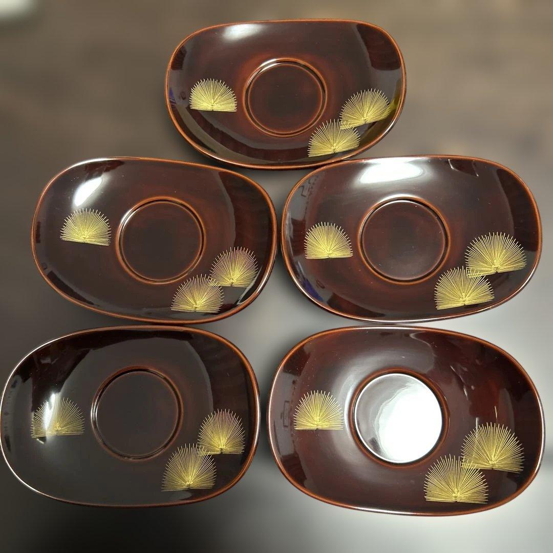 【未使用】輪島塗 東恒博 溜塗 寿松沈金 各5客 銘々皿/茶托