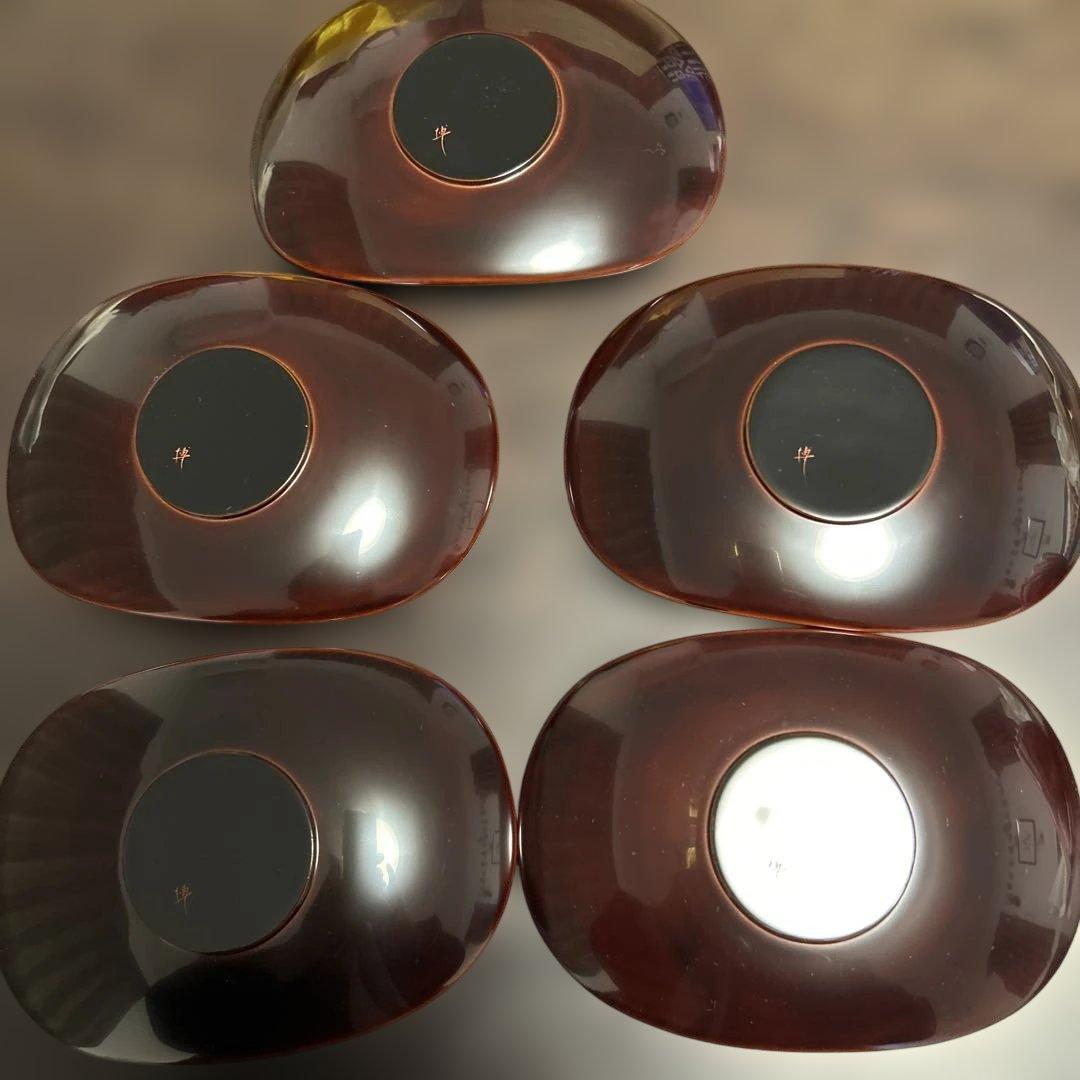 【未使用】輪島塗 東恒博 溜塗 寿松沈金 各5客 銘々皿/茶托